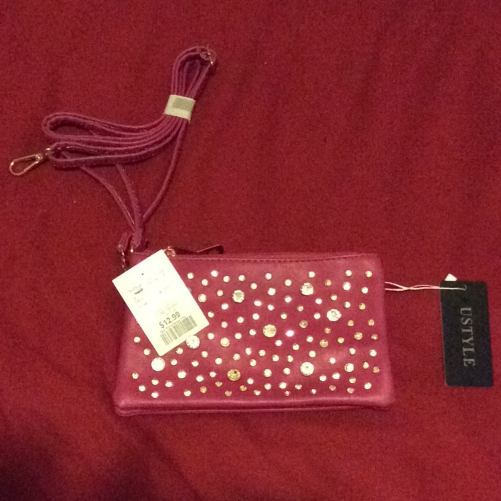 Hot pink hand bag/side bag with jewels and pockets